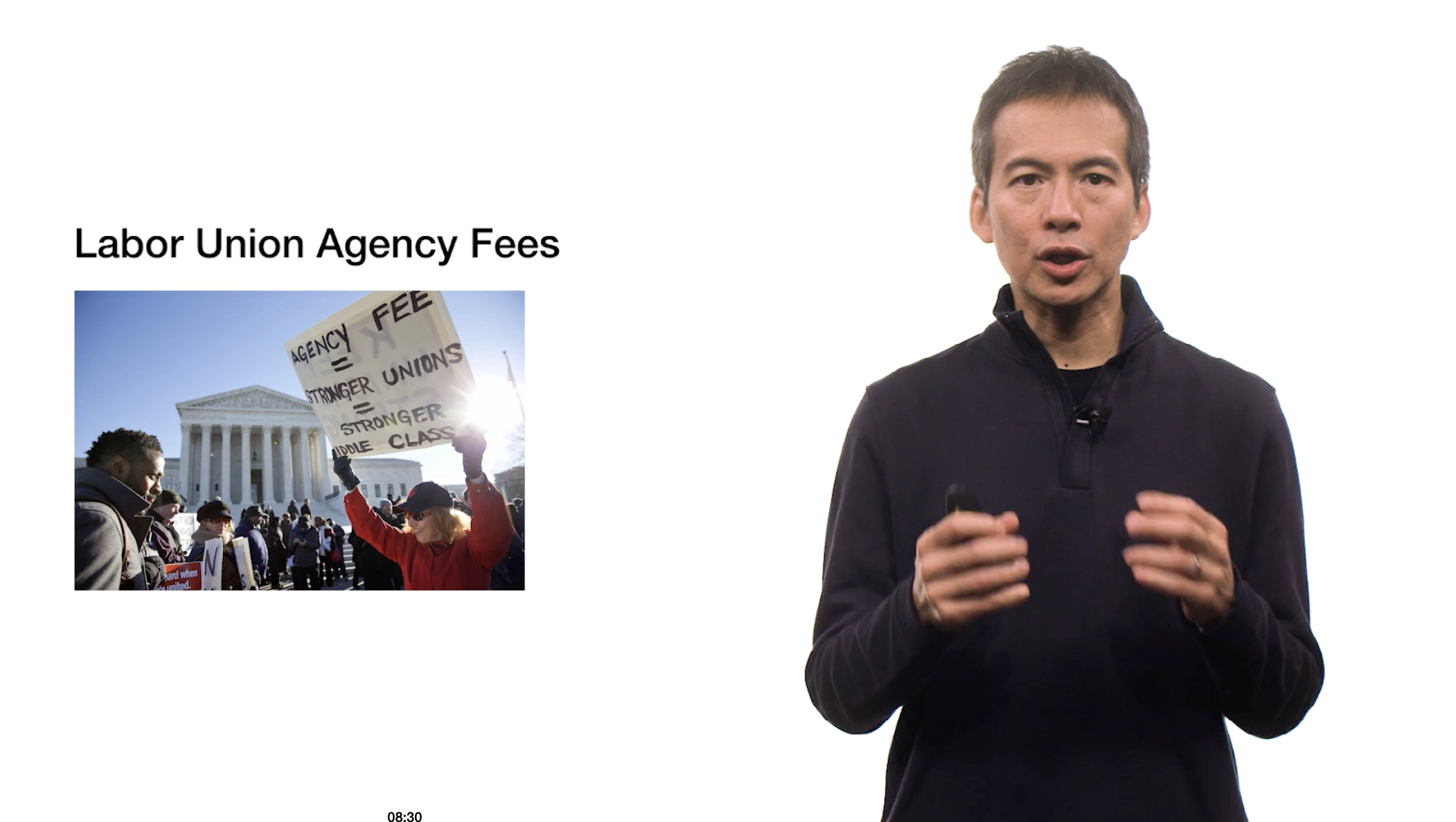 Screenshot of Archon Fung delivering a talk next to text that says Labor Union Agency Fees