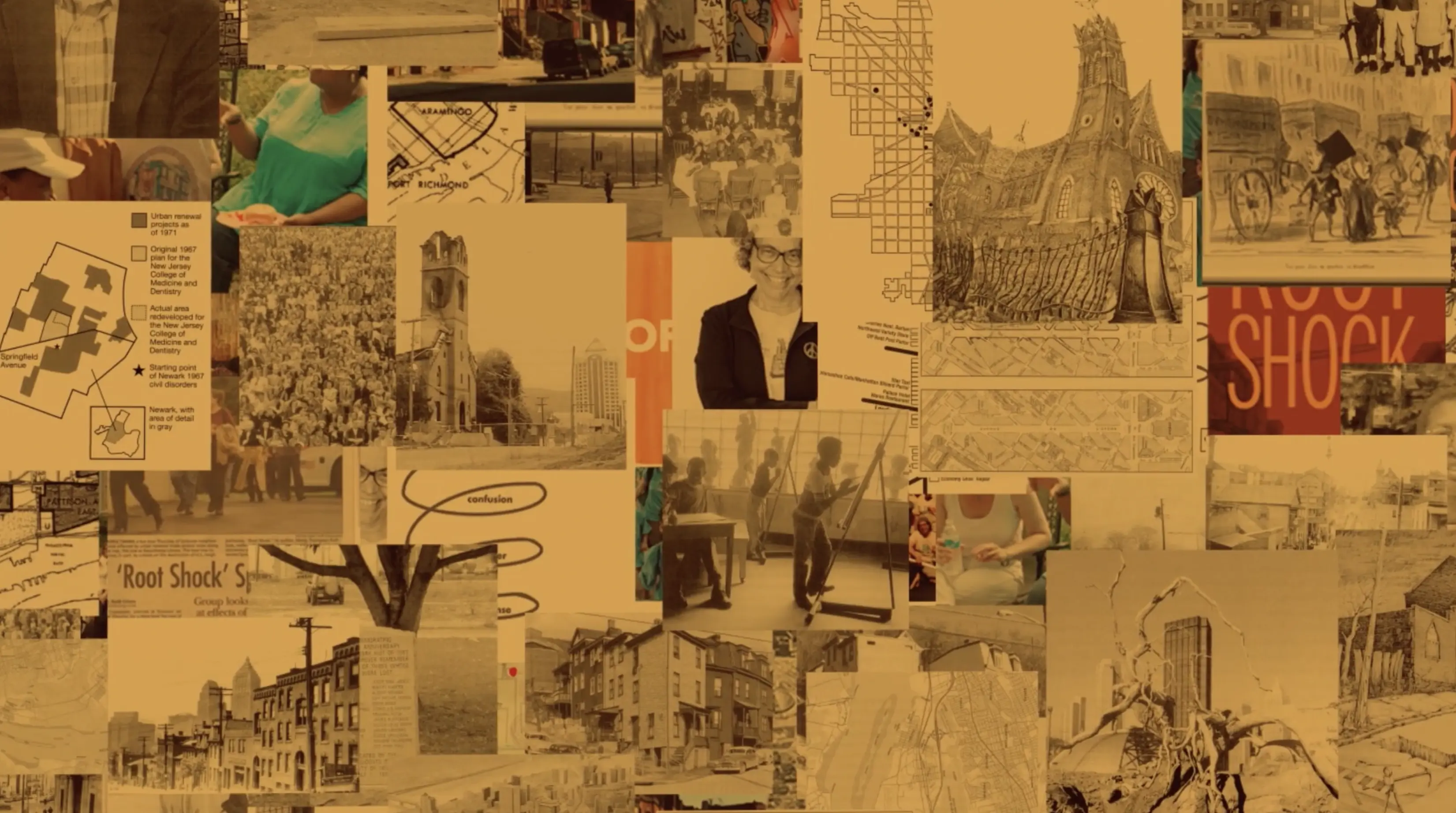 A collage of newspaper articles and city planning documents