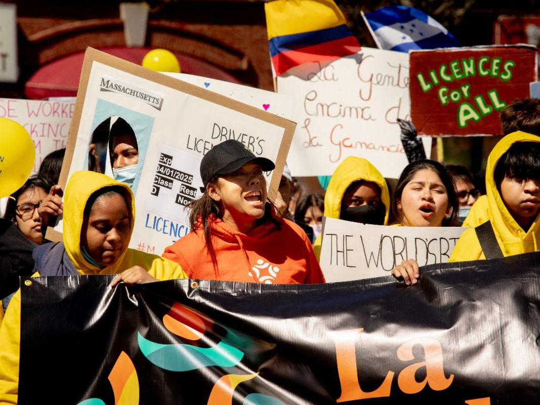 People march in a protest for the rights of immigrants