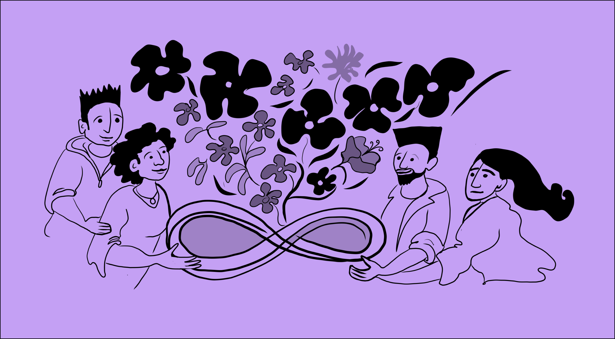 An illustration in black over a purple background. People are shown holding an infinity symbol out of which flowers are blooming.