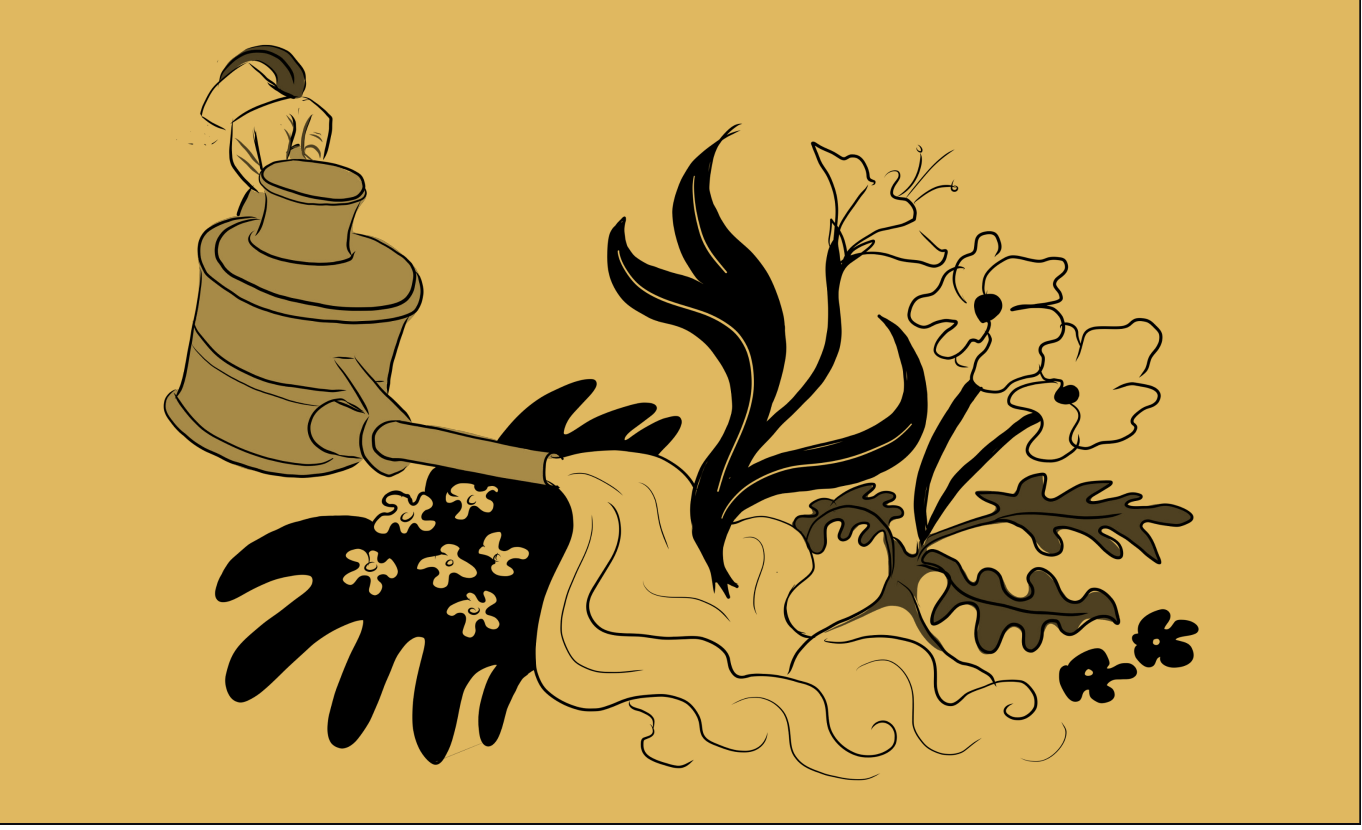 Black illustration on a yellow background of a hand holding a watering can and spilling water onto an array of plants and flowers which bloom as they're watered